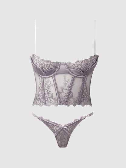 House of Desire Eden Embroidered Lace Bustier Bra & G-String Set Grey