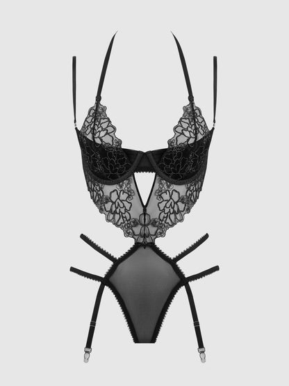House of Desire Eden Embroidered Lace Gartered Teddy Black