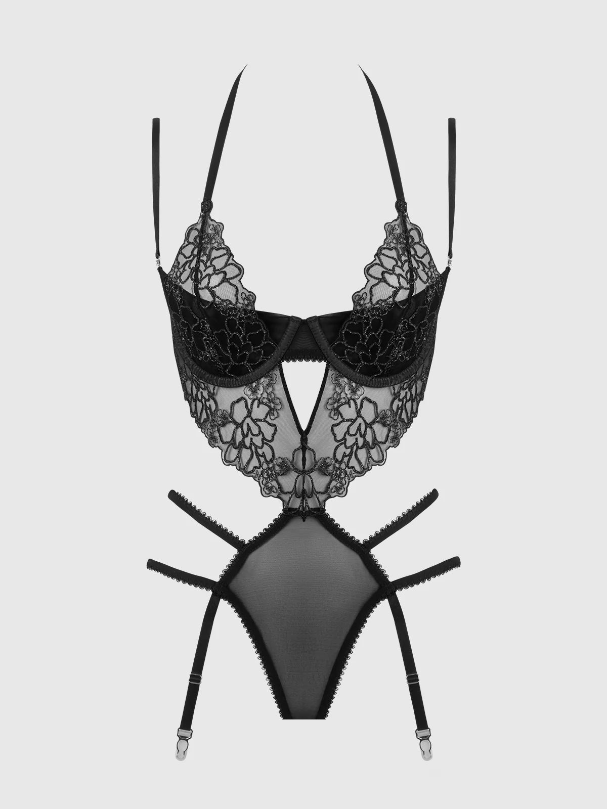 House of Desire Eden Embroidered Lace Teddy Black