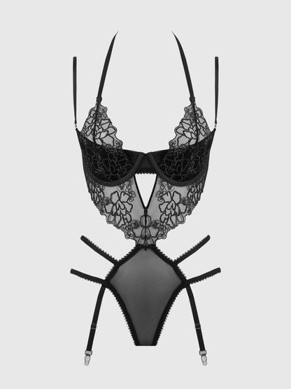 House of Desire Eden Embroidered Lace Teddy Black