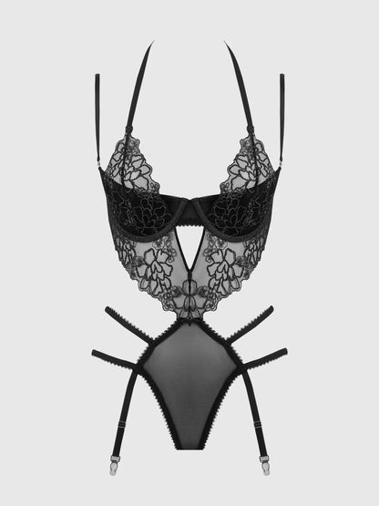 House of Desire Queen Eden Embroidered Lace Teddy Black