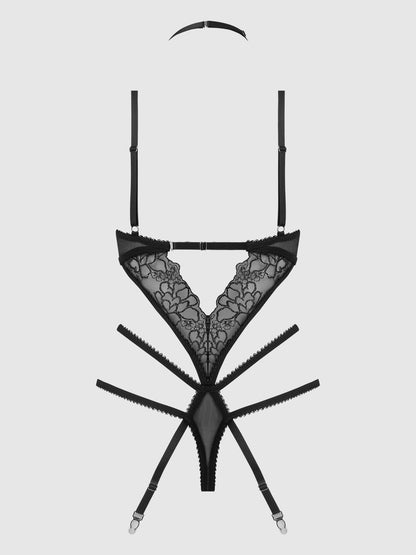 House of Desire Eden Embroidered Lace Gartered Teddy Black