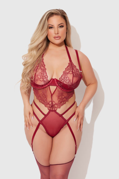 House of Desire Eden Embroidered Lace Gartered Teddy Rhubarb