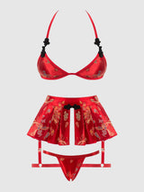 House of Desire Dragon Triangle Bralette, Skirted Garter & Thong Set Red Dragon