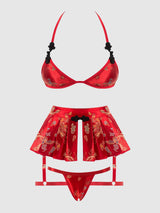 House of Desire Queen Dragon Triangle Bralette, Skirted Garter & Thong Set Red Dragon