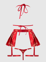 House of Desire Dragon Triangle Bralette, Skirted Garter & Thong Set Red Dragon