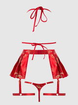 House of Desire Queen Dragon Triangle Bralette, Skirted Garter & Thong Set Red Dragon
