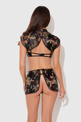House of Desire Dragon Satin Bra, Bolero & Mini Skirt Set Black Dragon