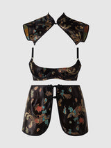 House of Desire Dragon Satin Bra, Bolero & Mini Skirt Set Black Dragon