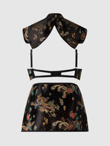House of Desire Dragon Satin Bra, Bolero & Mini Skirt Set Black Dragon