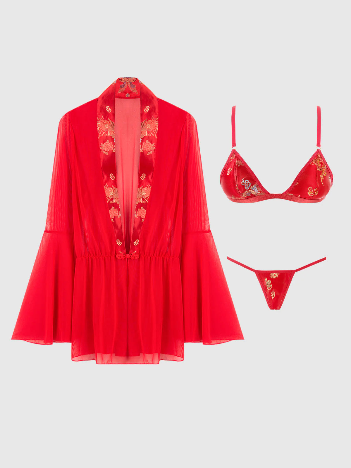 House of Desire Queen Dragon Sheer Robe with Satin Bra & G-String Set Red