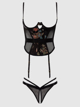 House of Desire Dragon Satin Open Cup Corset & Crotchless Thong Set Black Dragon