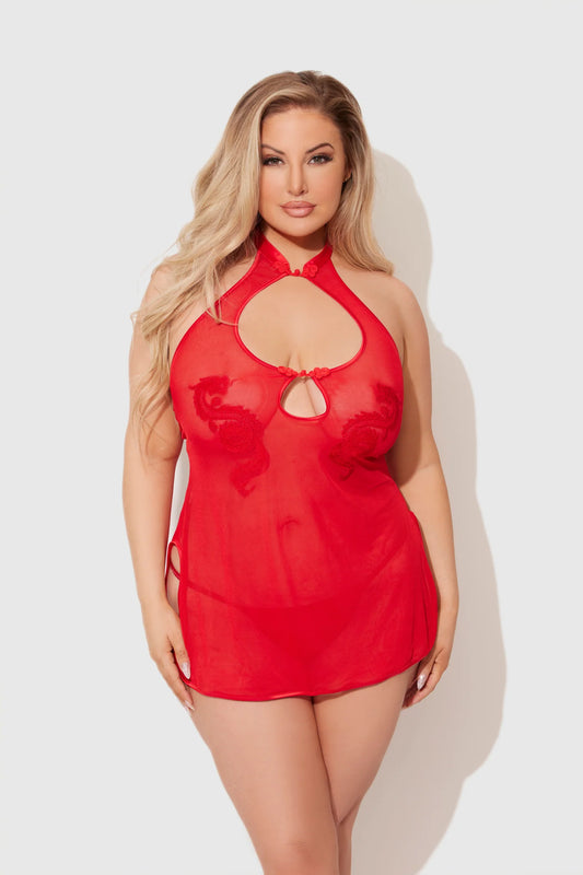 House of Desire Queen Dragon Mesh & Applique Chemise Set Red