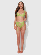 House of Desire Shavon Lace Bra, Garter & Thong Set Lime Green