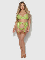 House of Desire Shavon Lace Bra, Garter & Thong Set Lime Green