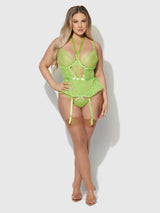 House of Desire Shavon Lace & Chiffon Bustier & Thong Set Lime Green