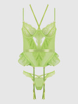 House of Desire Shavon Lace & Chiffon Bustier & Thong Set Lime Green