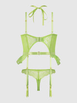 House of Desire Shavon Lace & Chiffon Bustier & Thong Set Lime Green