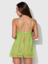 House of Desire Shavon Lace & Chiffon Babydoll & G-string Set Lime Green