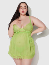 House of Desire Shavon Lace & Chiffon Babydoll & G-string Set Lime Green