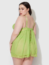 House of Desire Shavon Lace & Chiffon Babydoll & G-string Set Lime Green