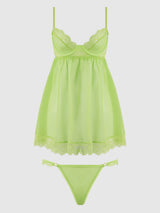 House of Desire Shavon Lace & Chiffon Babydoll & G-string Set Lime Green