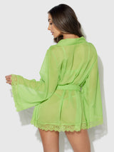 House of Desire Shavon Lace & Chiffon Robe, Bralette & G-string Set Lime Green
