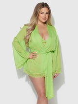 House of Desire Shavon Lace & Chiffon Robe, Bralette & G-string Set Lime Green