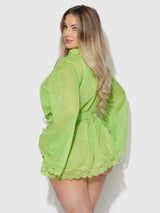 House of Desire Shavon Lace & Chiffon Robe, Bralette & G-string Set Lime Green