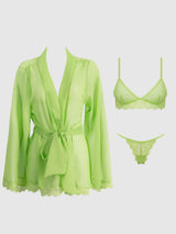 House of Desire Shavon Lace & Chiffon Robe, Bralette & G-string Set Lime Green