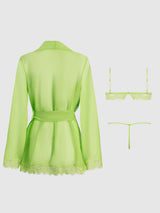 House of Desire Shavon Lace & Chiffon Robe, Bralette & G-string Set Lime Green