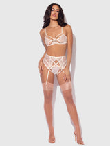 House of Desire Rosalie Embroidered Lace Open Cup Bra Set Pearl Ivory