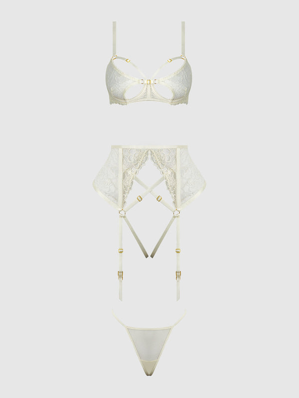 House of Desire Rosalie Embroidered Lace Open Cup Bra Set Pearl Ivory