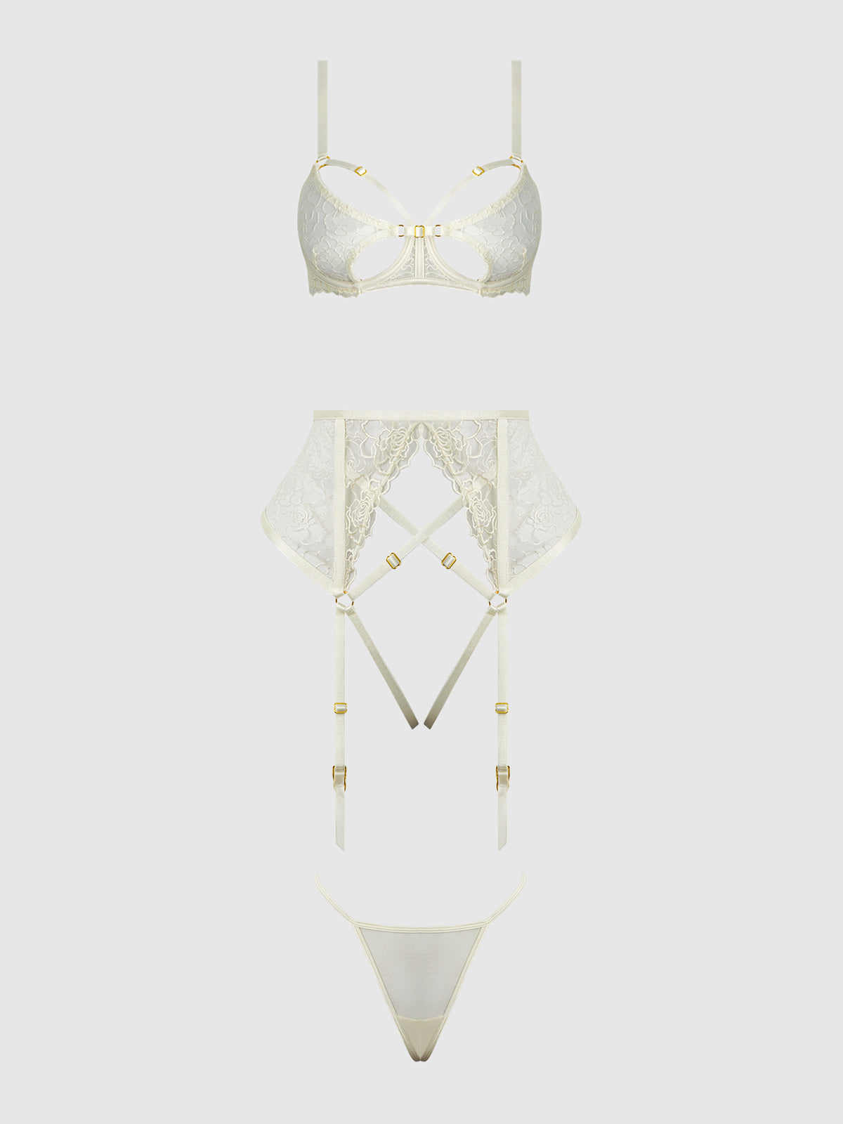 House of Desire Bridal Rosalie Embroidered Lace Open Cup Bra Set Pearl Ivory