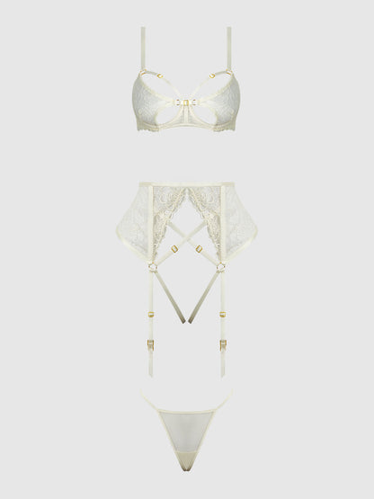 House of Desire Bridal Rosalie Embroidered Lace Open Cup Bra Set Pearl Ivory