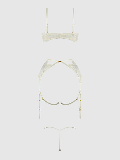 House of Desire Rosalie Embroidered Lace Open Cup Bra Set Pearl Ivory