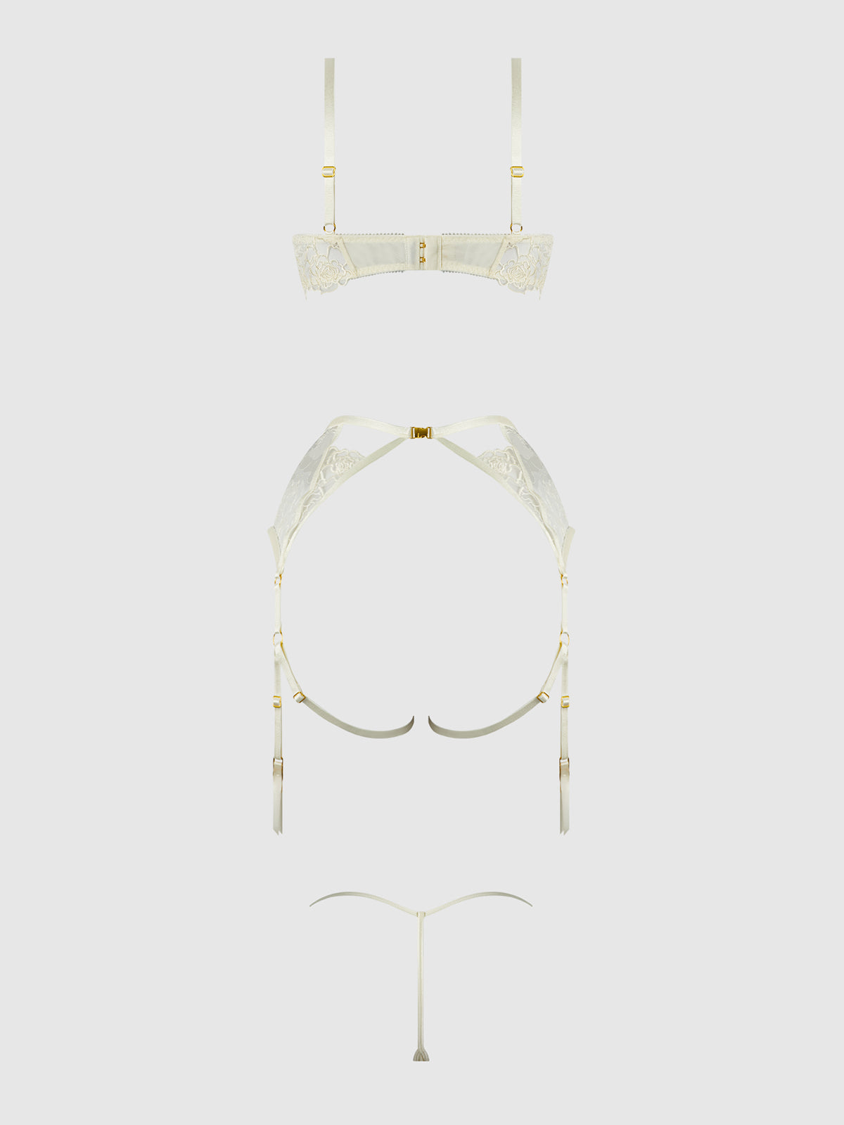 House of Desire Bridal Rosalie Embroidered Lace Open Cup Bra Set Pearl Ivory