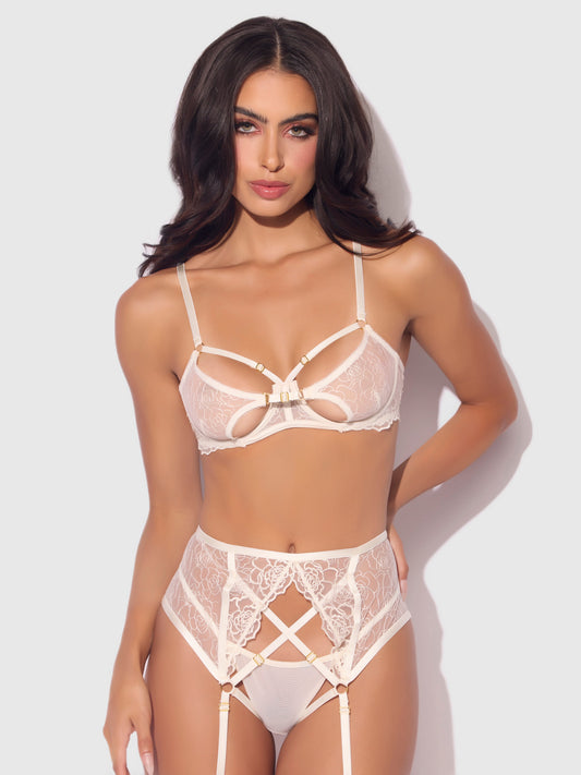 House of Desire Bridal Rosalie Embroidered Lace Open Cup Bra Set Pearl Ivory