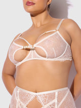 House of Desire Rosalie Embroidered Lace Open Cup Bra Set Pearl Ivory