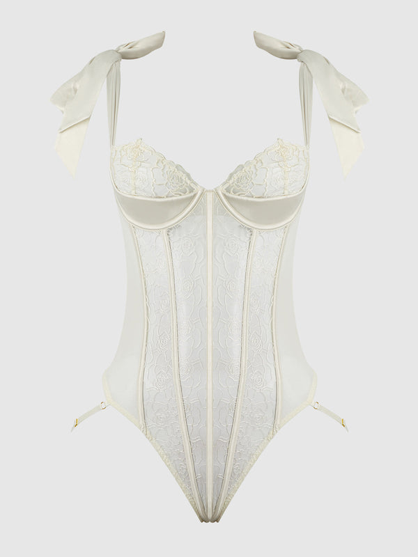 House of Desire Rosalie Embroidered Lace Teddy Pearl Ivory