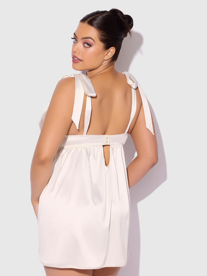 House of Desire Bridal Rosalie Satin & Embroidered Lace Babydoll Set Pearl Ivory