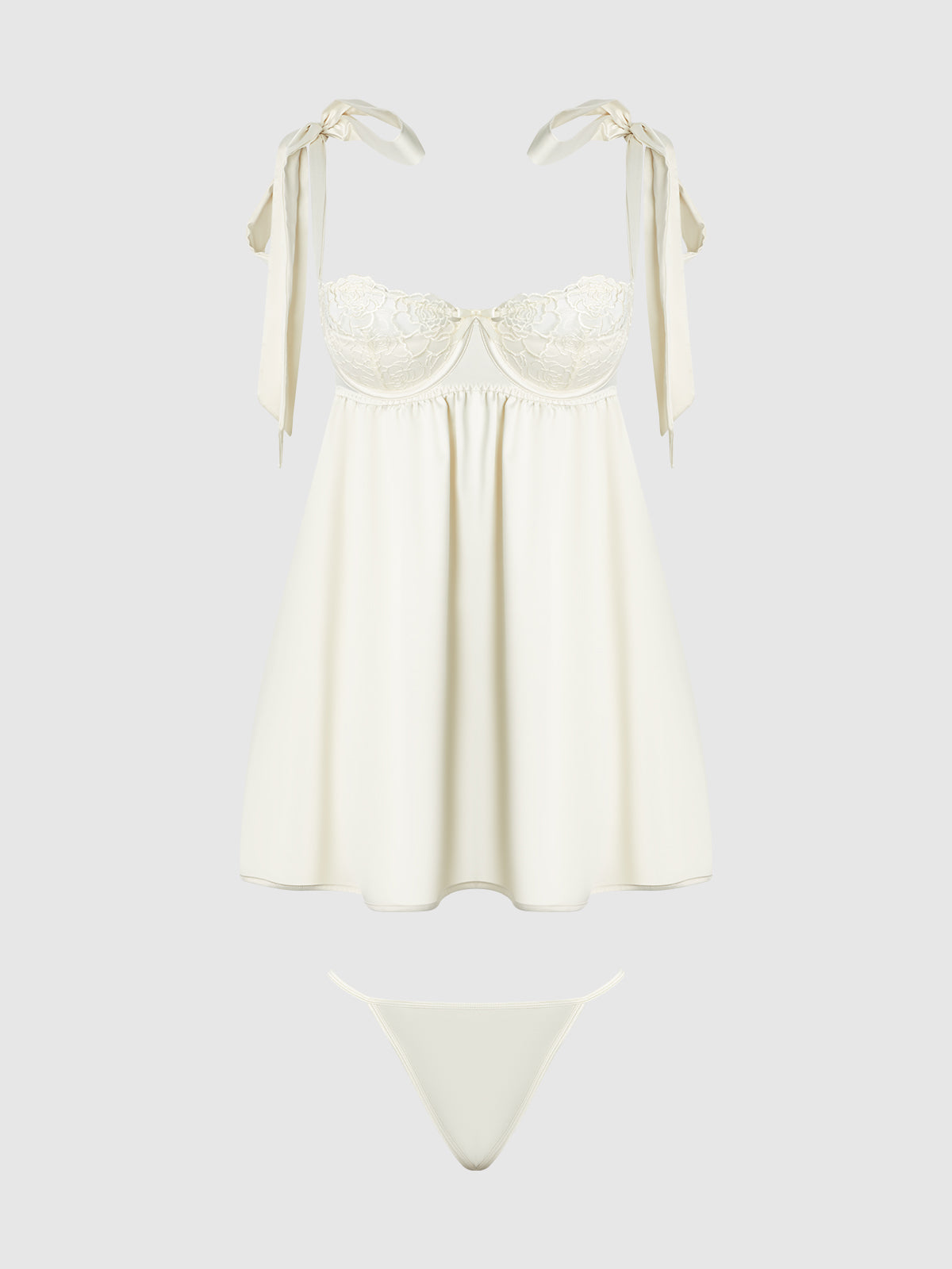 House of Desire Rosalie Satin & Embroidered Lace Babydoll Set Pearl Ivory