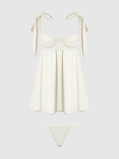 House of Desire Rosalie Satin & Embroidered Lace Babydoll Set Pearl Ivory