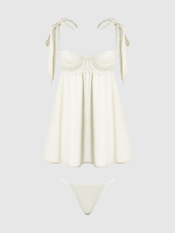 House of Desire Rosalie Satin & Embroidered Lace Babydoll Set Pearl Ivory
