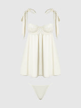 House of Desire Queen Rosalie Satin & Embroidered Lace Babydoll Set Pearl Ivory