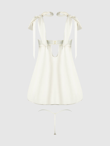 House of Desire Bridal Rosalie Satin & Embroidered Lace Babydoll Set Pearl Ivory