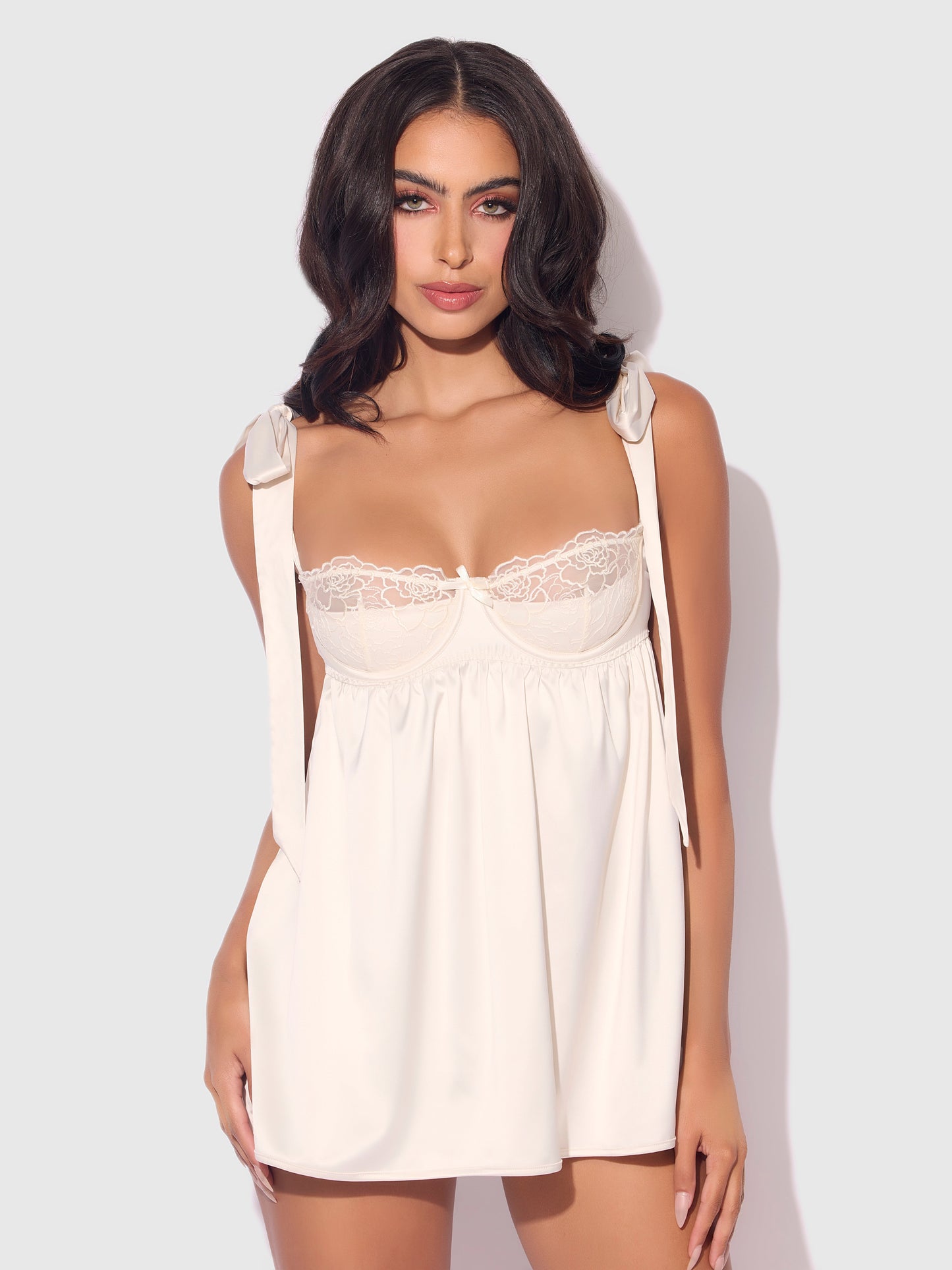 House of Desire Bridal Rosalie Satin & Embroidered Lace Babydoll Set Pearl Ivory