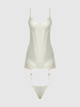 Rosalie Satin & Embroidered Lace Chemise Set Pearl Ivory
