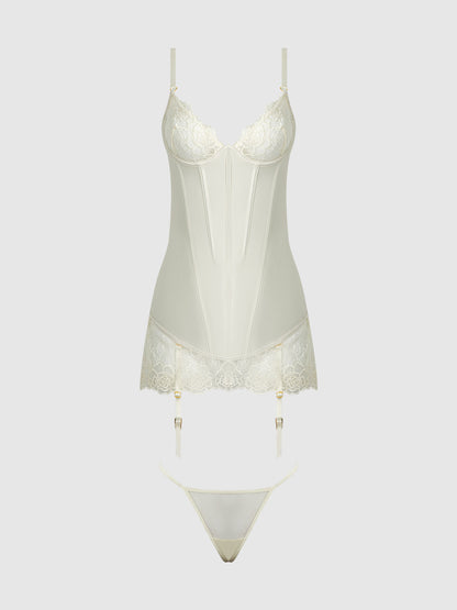House of Desire Bridal Rosalie Satin & Embroidered Lace Chemise Set Pearl Ivory