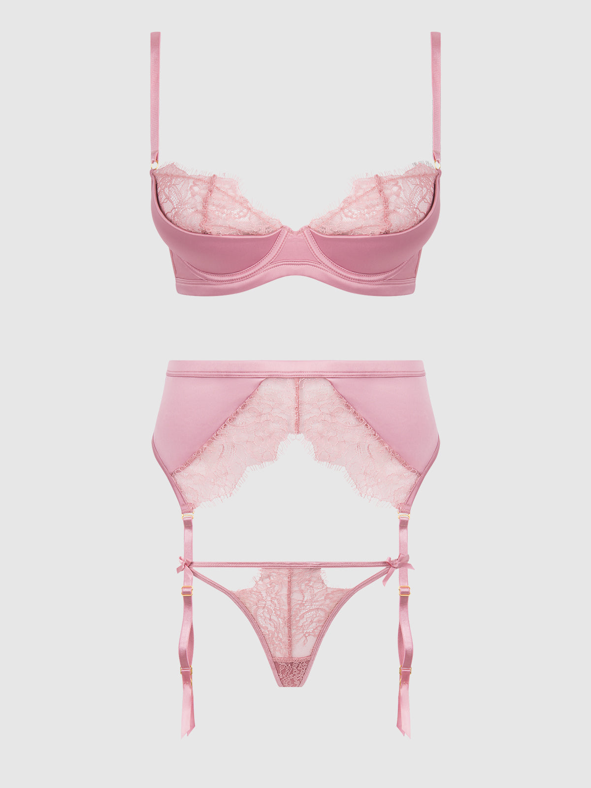 House of Desire Blair Satin & Lace Bra, Garter & G-String Set Rose Pink